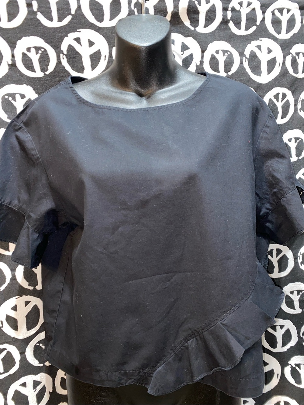 Calvin Klein Jeans Black Ruffle-Trim Boxy Top SZ S